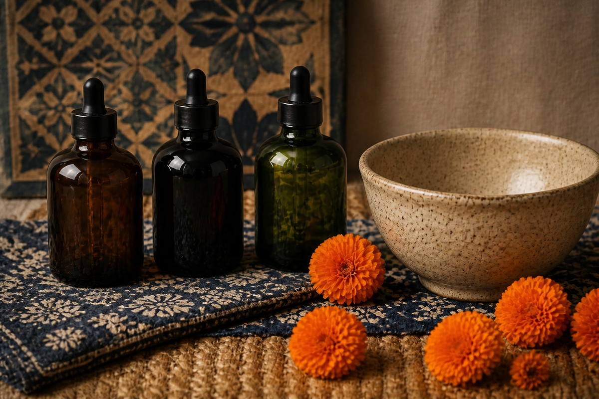 Three bottles and a stoneware bowl