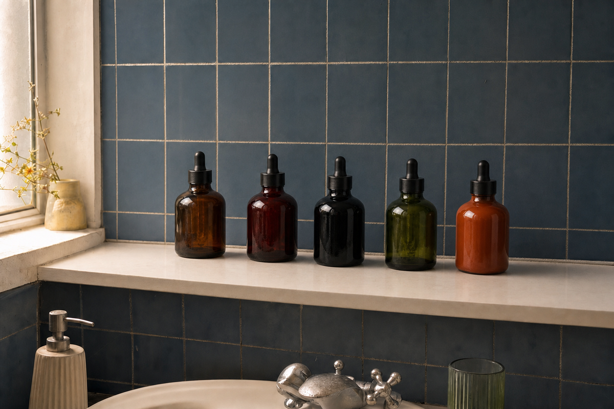 The same shelf with the five FACE VALUE bottles