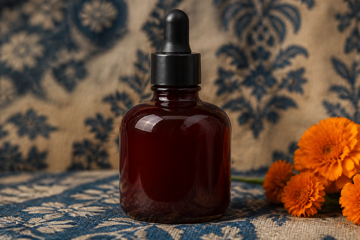 Niacinamide in hand-blown oxblood glass